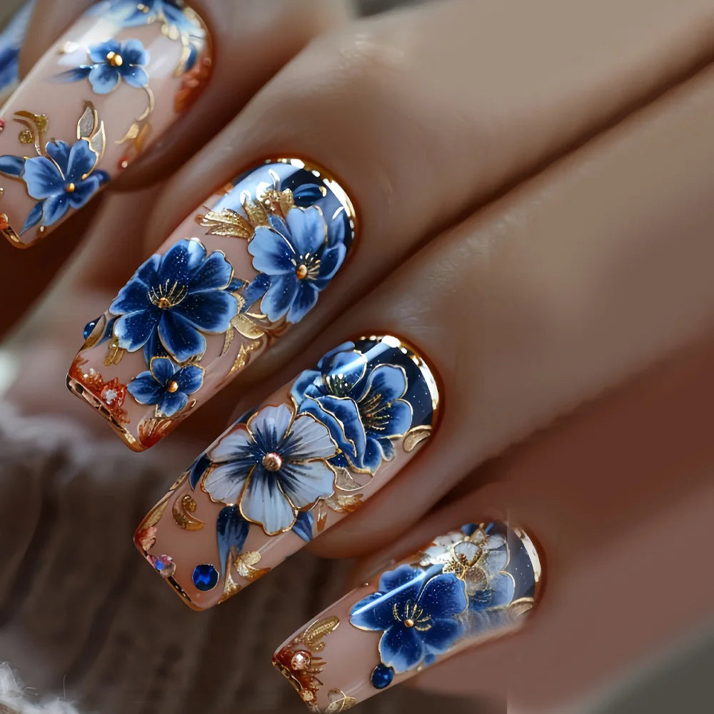 Blue French Press-On Nails Set 